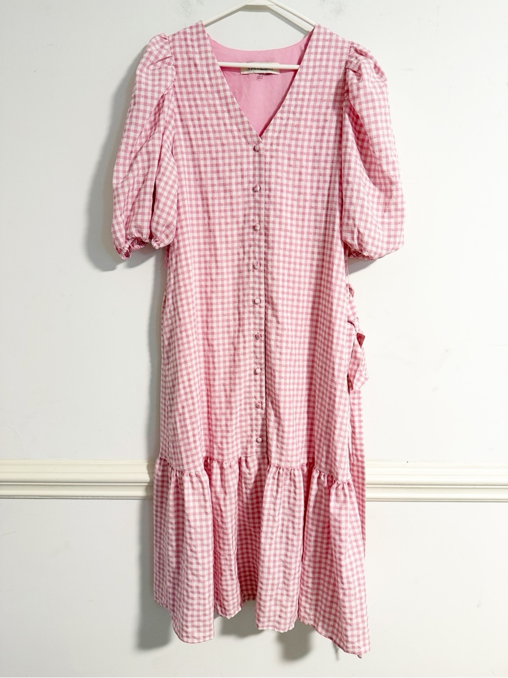 Taylor Pink White Gingham Puff Sleeve Tiered Midi Dress Size 10
